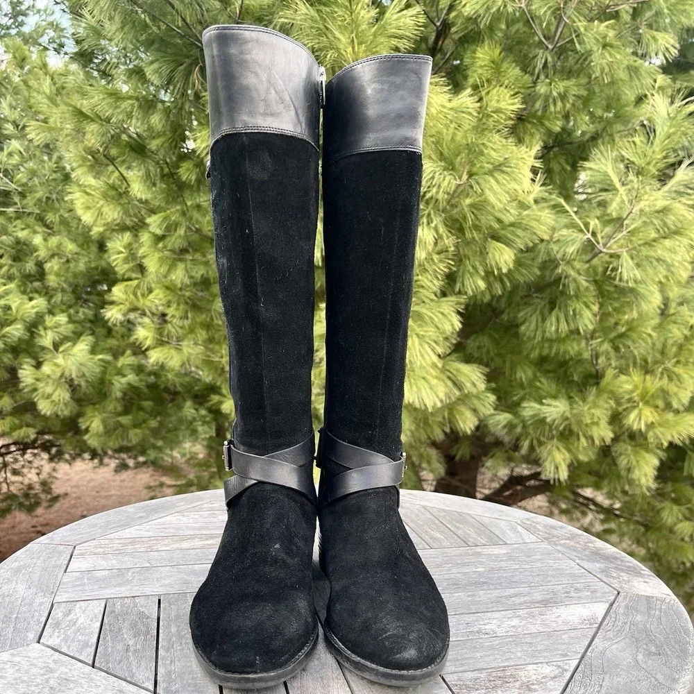 Vince Camuto Jaran Riding Boot Womens 7 Tall Black Leather Suede Silver Hardware